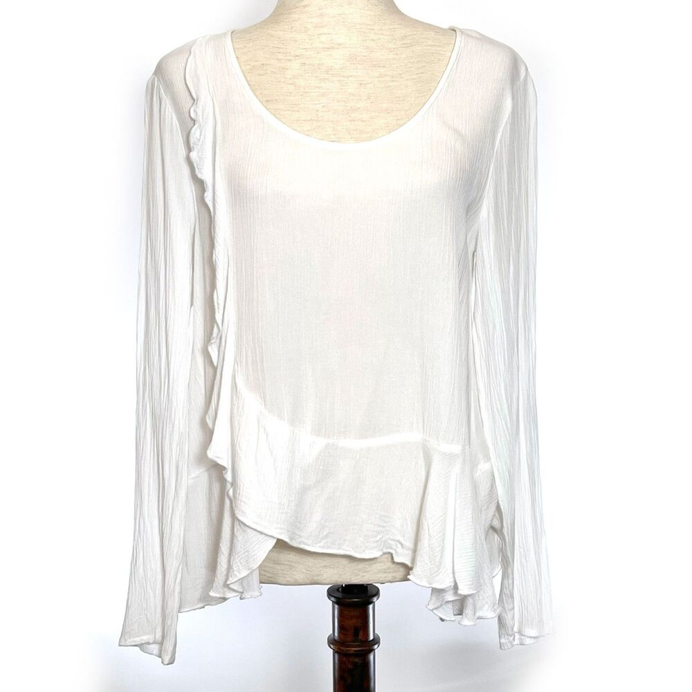O'Neill Women's White Semi-Sheer Ruffle Long Sleeve Top Small